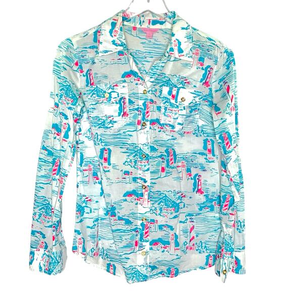 Lilly Pulitzer 0 Cruiser Shirt Watch Out Lighthouse Print Blue Pink Coastal Sea - Picture 1 of 9